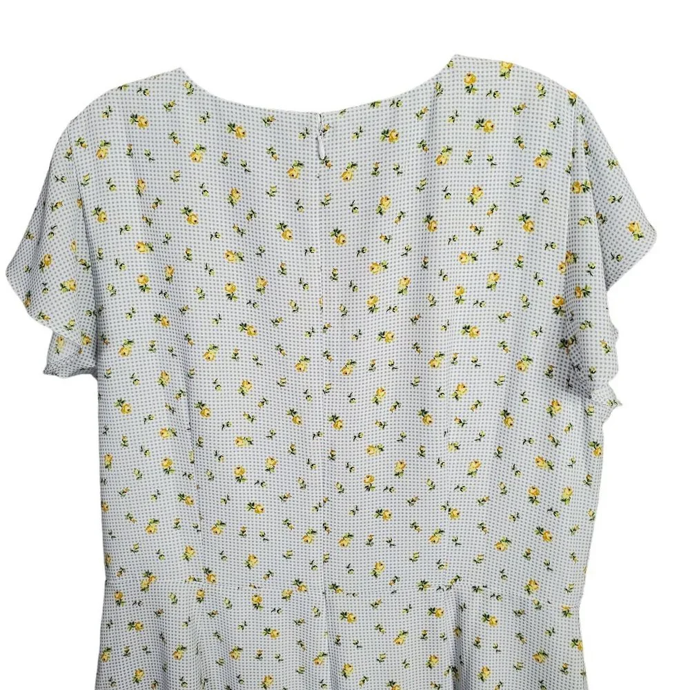 Loft Size 14 Dress Long Gingham Floral Flutter Sleeve Faux Wrap Ruffle Hem Lined - Picture 10 of 15